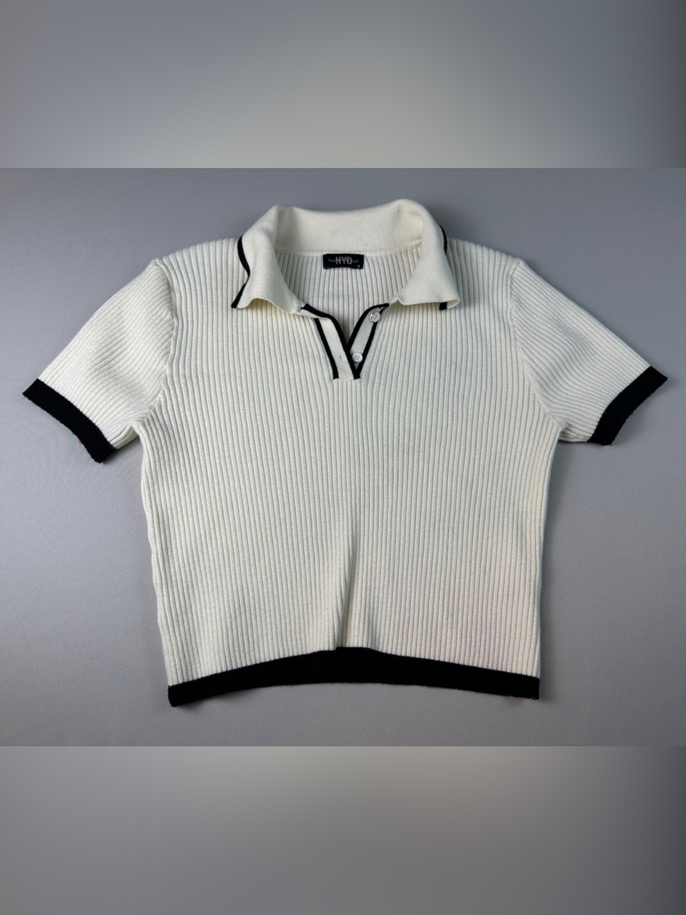 NYD (New York District) Crop Sweater Collared Cream Ribbed Short Sleeve